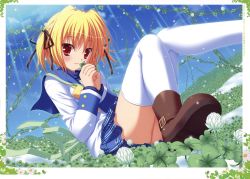Rule 34 | 1girl, absurdres, blonde hair, clover, clover point, four-leaf clover, highres, huge filesize, legs, red eyes, school uniform, sitting, solo, takanashi yaya, thighhighs, two side up, white thighhighs, yuyi