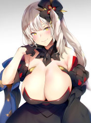 Rule 34 | 1girl, bare shoulders, black dress, black gloves, blush, breasts, cleavage, closed mouth, collarbone, dark persona, detached collar, dress, fate/grand order, fate (series), gloves, hair ornament, half gloves, highres, huge breasts, kurowa, long hair, looking at viewer, marie antoinette (alter) (fate), marie antoinette (fate), side ponytail, silver hair, smile, yellow eyes