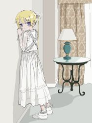Rule 34 | 1girl, blonde hair, blush stickers, closed mouth, curtains, dress, frilled dress, frills, from side, gishiki (gshk), hands up, highres, kill me baby, lampshade, long dress, long hair, long sleeves, looking at viewer, looking to the side, purple eyes, shoes, solo, sonya (kill me baby), table, twintails, white dress, white footwear