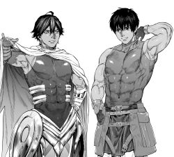 Rule 34 | 2boys, ahoge, arash (fate), armor, armpits, belt, black hair, cape, covered abs, covered navel, dark-skinned male, dark skin, earrings, egyptian, egyptian clothes, fate/grand order, fate (series), gloves, greyscale, grin, hair between eyes, hand on own hip, highres, jewelry, kimidake, male focus, monochrome, multiple boys, muscular, muscular male, ozymandias (fate), shiny clothes, short hair, skin tight, smile, white cape