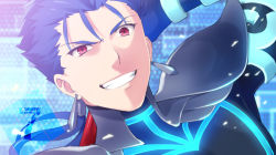 Rule 34 | 1boy, armor, blue hair, bodysuit, countdown, cu chulainn (fate), cu chulainn (fate/extra), cu chulainn (fate/stay night), danemaru, earrings, fate/extra, fate/grand order, fate (series), grin, jewelry, male focus, neon trim, official alternate costume, one eye closed, pauldrons, ponytail, red eyes, shoulder armor, smile, solo