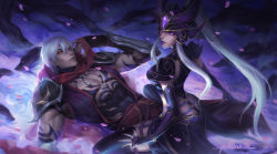 Rule 34 | 1boy, 1girl, absurdres, armor, artist name, black gloves, black nails, blue background, breasts, closed mouth, elbow gloves, finger to mouth, from behind, gem, gloves, glowing, glowing eyes, grey hair, hair between eyes, highres, league of legends, long hair, looking at viewer, lying, medium breasts, nail polish, no headwear, o-ring, on back, petals, pink eyes, piscina, red scarf, scarf, shoulder armor, sitting, smile, stomach tattoo, syndra, tattoo, zed (league of legends)