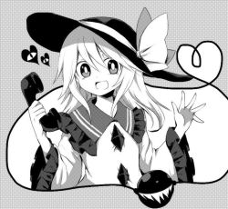 Rule 34 | 1girl, :d, alternate hair length, alternate hairstyle, bad id, bad twitter id, corded phone, eyeball, frilled shirt collar, frilled sleeves, frills, greyscale, hat, hat ribbon, heart, heart of string, komeiji koishi, long hair, long sleeves, looking at viewer, monochrome, open mouth, phone, ribbon, smile, solo, third eye, touhou, upper body, wide sleeves, you (noanoamoemoe)