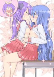 Rule 34 | 00s, 3girls, ass, asymmetrical docking, bad id, bad pixiv id, blue hair, blush, breast press, breasts, clothes lift, embarrassed, eye contact, face-to-face, floral background, flower, highres, hiiragi kagami, hiiragi tsukasa, izumi konata, lily (flower), long hair, looking at another, lucky star, mole, mole under eye, multiple girls, naughty face, o o, purple hair, qzik, school uniform, serafuku, shirt lift, short hair, siblings, sisters, sitting, skirt, small breasts, smile, standing, twins, very long hair, yuri