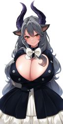 Rule 34 | 1girl, absurdres, animal ears, arms under breasts, black dress, bow, breasts, cleavage, dress, grey hair, highres, horns, huge breasts, layered dress, long hair, looking at viewer, original, simple background, solo, suruga (xsurugax), two-tone dress, very long hair, white background, white bow, white dress, yellow eyes