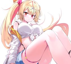 Rule 34 | 1girl, blonde hair, blue shorts, blush, breasts, brown eyes, brown ribbon, commentary request, feet out of frame, hair ornament, hair ribbon, hairclip, hand up, heterochromia, highleg, highleg panties, highres, hood, hood down, hooded jacket, hoshikawa sara, hoshikawa sara (1st costume), jacket, knees up, kuhotaka, large breasts, long hair, long sleeves, looking at viewer, midriff, nijisanji, off shoulder, open clothes, open jacket, panties, parted lips, pink ribbon, red eyes, ribbon, short shorts, shorts, side ponytail, simple background, sitting, sleeves past wrists, solo, tank top, underwear, very long hair, virtual youtuber, white background, white jacket, white tank top, x hair ornament