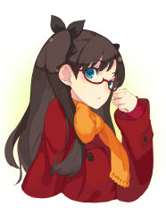 Rule 34 | 1girl, absurdres, bad id, bad nicoseiga id, bespectacled, black hair, blue eyes, blush, emura (merararara), fate/stay night, fate (series), glasses, hair ribbon, highres, long hair, looking at viewer, mk (masatusaboten), orange scarf, red-framed eyewear, ribbon, scarf, simple background, solo, tohsaka rin, twintails, two side up, white background