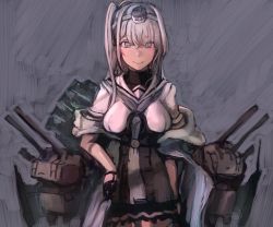 Rule 34 | 1girl, absurdres, black gloves, black skirt, breasts, chou-10cm-hou-chan (fuyutsuki&#039;s), commentary, fuyutsuki (kancolle), gloves, grey background, grey eyes, grey neckerchief, hachimaki, hair between eyes, hand on own hip, headband, headgear, highres, kantai collection, large breasts, long hair, moor, neckerchief, one side up, rigging, silver hair, simple background, skirt, smile, solo, white headband