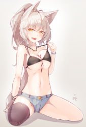 Rule 34 | 1girl, animal ears, bare shoulders, bikini, bikini top only, black thighhighs, blush, bracelet, breasts, cat ears, denim, denim shorts, fang, gradient background, hair ribbon, jewelry, long hair, looking at viewer, meth (emethmeth), necklace, open mouth, original, ponytail, ribbon, shorts, silver hair, single thighhigh, sitting, slit pupils, smile, solo, spread legs, swimsuit, thighhighs, top pull, very long hair, yellow eyes