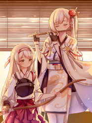 Rule 34 | 2girls, aged down, azur lane, backlighting, black gloves, black skirt, window blinds, bow (weapon), breasts, brown gloves, closed eyes, closed mouth, commentary request, crossover, day, flower, flute, gloves, hair flower, hair ornament, hakama, hakama short skirt, hakama skirt, hands up, headband, highres, hip vent, historical name connection, holding, holding bow (weapon), holding weapon, indoors, instrument, japanese clothes, kantai collection, kimono, large breasts, long hair, long sleeves, miniskirt, multiple girls, muneate, music, name connection, obi, one side up, partially fingerless gloves, playing instrument, print kimono, red skirt, sash, scarlet dango, short kimono, shoukaku (azur lane), shoukaku (kancolle), single glove, skirt, smile, spider lily, standing, tassel, thighhighs, very long hair, weapon, white hair, white kimono, white legwear, wide sleeves, yellow eyes, zettai ryouiki