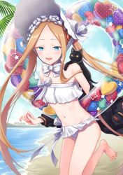 Rule 34 | 1girl, abigail williams (fate), abigail williams (swimsuit foreigner) (fate), abigail williams (swimsuit foreigner) (third ascension) (fate), bare shoulders, beach, bikini, black cat, black jacket, blonde hair, blue eyes, blue sky, blush, bonnet, bow, braid, breasts, cat, day, fate/grand order, fate (series), forehead, hair bow, hair rings, highres, innertube, jacket, long hair, looking at viewer, miniskirt, navel, off shoulder, open mouth, outdoors, parted bangs, rainsp, shore, sidelocks, skirt, sky, small breasts, smile, swim ring, swimsuit, twin braids, twintails, very long hair, white bikini, white bow, white headwear