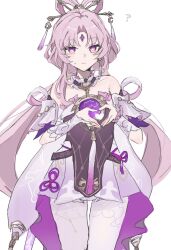 Rule 34 | 1girl, 43ld6, ?, bare shoulders, bow-shaped hair, bridal gauntlets, closed mouth, detached collar, detached sleeves, dress, forehead jewel, fu xuan (honkai: star rail), gem, hair ornament, heart, heart hands, highres, honkai: star rail, honkai (series), long hair, looking at viewer, pantyhose, pink eyes, pink hair, purple gemstone, short sleeves, simple background, single bridal gauntlet, solo, standing, sweat, white background, white bridal gauntlets, white pantyhose
