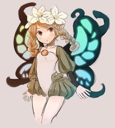 Rule 34 | 1girl, bad id, bad twitter id, blonde hair, braid, butterfly wings, commentary, cowboy shot, flower, grey background, hair flower, hair ornament, highres, insect wings, leotard, long sleeves, looking at viewer, mercedes (odin sphere), odin sphere, parted lips, pointy ears, puffy long sleeves, puffy sleeves, red eyes, simple background, solo, standing, tsukiori, twin braids, white flower, wings