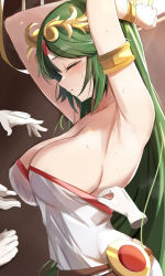 Rule 34 | 1girl, ancient greek clothes, armlet, armpits, arms up, blush, bound, bound wrists, breasts, brown background, chiton, circlet, cleavage, closed eyes, clothes pull, disembodied limb, dress, dress pull, from side, gloves, gold, green hair, highres, kid icarus, large breasts, long hair, master hand, nintendo, palutena, pulling another&#039;s clothes, ribbon, ribbon bondage, sideboob, solo focus, straight hair, super smash bros., sweat, tomas (kaosu22), very long hair, white dress, white gloves, yellow ribbon