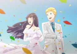 Rule 34 | 1boy, 1girl, bad id, bad pixiv id, black hair, blonde hair, blue eyes, ciero, confetti, couple, day, dress, elbow gloves, formal, gloves, happy, hetero, husband and wife, hyuuga hinata, locked arms, long hair, naruto, naruto (series), necktie, sky, smile, suit, uzumaki naruto, wedding, wedding dress, white eyes, white suit