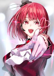 Rule 34 | arima kana, black headwear, dress, gloves, happy, hat, heart, highres, idol, idol clothes, open mouth, oshi no ko, pink gloves, qdx4p, red dress, red eyes, red hair, short hair