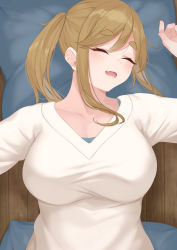 Rule 34 | 1girl, arm up, blush, breasts, brown hair, collarbone, closed eyes, fang, from above, head tilt, highres, inuyama aoi, large breasts, long hair, lying, momoiro lettuce, on back, on floor, open mouth, pillow, ponytail, sidelocks, skin fang, sleeping, solo, sweater, thick eyebrows, upper body, white sweater, wooden floor, yurucamp
