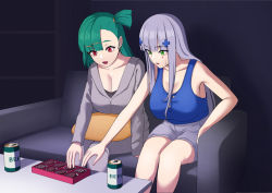 Rule 34 | 2girls, alternate costume, beer can, box, box of chocolates, breasts, can, chocolate, cleavage, closed eyes, couch, cushion, drink can, eyes visible through hair, g28 (girls&#039; frontline), girls&#039; frontline, green eyes, green hair, hk416 (girls&#039; frontline), krs (karasu), large breasts, multiple girls, red eyes, siblings, sisters