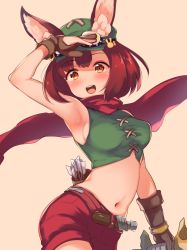 Rule 34 | 1girl, :d, animal ear fluff, animal ears, armpits, arrow (projectile), bare shoulders, black gloves, blush, bow (weapon), breasts, bustier, cabbie hat, calm mashiro, cosplay, crop top, ears through headwear, etrian odyssey, gloves, goggles, goggles on headwear, green hat, green shirt, hair ornament, hat, hound (sekaiju), looking at viewer, medium breasts, midriff, navel, open mouth, partially fingerless gloves, quiver, rabbit ears, rabbit hair ornament, ranger (sekaiju), ranger (sekaiju) (cosplay), ranger 2 (sekaiju), red hair, red scarf, red shorts, salute, scarf, shirt, shorts, sideboob, smile, solo, weapon, yellow eyes