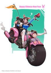 Rule 34 | 1girl, ;), absurdres, adapted costume, animal ears, arm up, blue leotard, boots, breasts, chinese new year, cleavage, coffee mug, commentary request, cup, d.va (overwatch), driving, facial mark, fake animal ears, flag, full body, gloves, gun, handgun, happy new year, headphones, highres, holding, holding gun, holding weapon, leg up, leotard, medium breasts, motor vehicle, motorcycle, mug, new year, one eye closed, overwatch, overwatch 1, pig ears, pistol, ribbed leotard, simple background, skin tight, smile, solo, thigh boots, thighhighs, weapon, whisker markings, white background, white footwear, white gloves, zhong-x wu