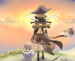 Rule 34 | 1girl, brown cape, brown capelet, brown footwear, brown gloves, cape, capelet, cliff, cloud, commentary request, fingerless gloves, from behind, full body, gazebo, gloves, grass, island, long hair, negi mugiya, ocean, orange sky, outdoors, palm tree, ragnarok online, sage (ragnarok online), seal (ragnarok online), shoes, sky, standing, striped cape, striped capelet, sunset, tree, waist cape, water