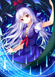 Rule 34 | 1girl, bare arms, blue dress, blue hair, blue hat, breasts, closed mouth, dress, hat, kamishirasawa keine, long hair, looking at viewer, medium breasts, mirror (xilu4), neckerchief, puffy short sleeves, puffy sleeves, red eyes, red neckerchief, scroll, short sleeves, solo, touhou, wavy hair