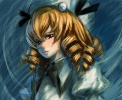 Rule 34 | 1girl, binayu, blonde hair, drill hair, eastern and little nature deity, female focus, hat, luna child, red eyes, solo, touhou, touhou sangetsusei, white hat