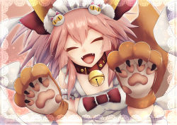 Rule 34 | 1girl, animal ear fluff, animal ears, animal hands, apron, artist request, bell, breasts, cat hair ornament, cat paws, cleavage, closed eyes, collar, fangs, fate/grand order, fate (series), fox ears, fox girl, fox tail, gloves, hair ornament, highres, jingle bell, ladle, large breasts, long hair, looking at viewer, naked apron, neck bell, open mouth, paw gloves, pink hair, ponytail, solo, tail, tamamo (fate), tamamo cat (fate), tamamo cat (third ascension) (fate), white apron