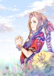 Rule 34 | 1girl, aerith gainsborough, bangle, blue sky, blurry, blurry foreground, bracelet, braid, braided ponytail, brown hair, cloud, cloudy sky, cropped jacket, dress, final fantasy, final fantasy vii, final fantasy vii remake, flower, grass, green eyes, hair ribbon, highres, jacket, jewelry, lily (flower), long hair, looking afar, outdoors, own hands clasped, own hands together, parted bangs, pink dress, pink ribbon, red jacket, ribbon, short sleeves, sidelocks, single braid, sky, smile, solo, upper body, usapenpen2019, wavy hair, yellow flower