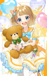 Rule 34 | !, 1girl, 2020, :d, absurdres, ahoge, balloon, bead bracelet, beads, bear head, birthday, blue bow, blue eyes, blue ribbon, blush, bow, bowtie, bracelet, brown hair, character name, charm (object), child, commentary request, dated, dress, english text, flower (symbol), green bow, green bowtie, hair bow, hair ornament, happy, happy birthday, heart, heart balloon, highres, holding, holding stuffed toy, idolmaster, idolmaster million live!, idolmaster million live! theater days, jewelry, kirita ohana, light blue ribbon, looking at viewer, multicolored clothes, multicolored dress, open mouth, orange bow, orange ribbon, orange sailor collar, outside border, partial commentary, petticoat, polka dot, polka dot bow, polka dot ribbon, puffy short sleeves, puffy sleeves, ribbon, romaji text, sailor collar, short hair, short sleeves, signature, sleeve cuffs, smile, solo, star (symbol), star hair ornament, stuffed animal, stuffed toy, suou momoko, teddy bear, thighhighs, triangle, white dress, white ribbon, white thighhighs, yellow dress, yellow footwear