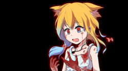Rule 34 | 1girl, animal ear fluff, animal ears, asymmetrical hair, black background, blonde hair, blood, blood on clothes, blood on face, blood on hands, blue eyes, blue hair, bow, camisole, commentary request, cookie (touhou), fang, fox ears, fox girl, gradient hair, hair bow, jewelry, looking down, medium hair, miramikaru miran, miramikaru riran, multicolored hair, necklace, open mouth, red bow, red eyes, simple background, transformation, upper body, white camisole, yan pai