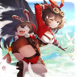 Rule 34 | 1girl, amber (genshin impact), ass, baron bunny (genshin impact), boots, bow, breasts, brown gloves, brown hair, cape, caron (straycat910), cleavage, clenched teeth, cloud, commentary request, cropped jacket, crossed bangs, fang, feathers, flying, genshin impact, gloves, goggles, goggles on head, hair between eyes, hair ornament, jacket, long hair, long sleeves, looking at viewer, looking back, medium breasts, one eye closed, open mouth, outdoors, pointy nose, red bow, red jacket, red sleeves, red thighhighs, shorts, skin fang, sky, solo, sparkle, standing, standing on one leg, teeth, thigh boots, thighhighs, thighs, dove, yellow eyes