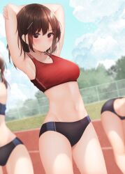 Rule 34 | 3girls, :/, armpits, arms up, bare arms, bent over, black buruma, blue sky, blurry, blurry background, blush, breasts, brown eyes, brown hair, buruma, cloud, cowboy shot, day, groin, hair ornament, highres, long hair, looking afar, medium breasts, minato ojitan, mole, mole under eye, multiple girls, navel, original, outdoors, parted lips, red sports bra, revision, sidelocks, sky, solo focus, sports bra, standing, stomach, stretching, sweat, thighs, track and field, track uniform, underwear, uniform, wet, x hair ornament