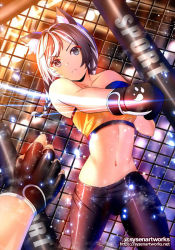 Rule 34 | 1girl, animal ear fluff, animal ears, bare shoulders, black gloves, black hair, black pants, braid, cat ears, closed mouth, collarbone, fence, fingerless gloves, floating hair, frown, gloves, grey eyes, long hair, looking at viewer, midriff, multicolored hair, navel, original, pants, pov, solo focus, sports bra, stomach, sysen, twin braids, twintails, two-tone hair, white hair, yellow sports bra