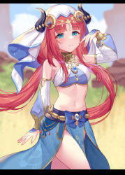Rule 34 | 1girl, absurdres, aqua eyes, arm at side, arm up, bare shoulders, blue gemstone, blue skirt, blurry, blurry background, blush, bracer, breasts, brooch, circlet, cowboy shot, crop top, day, detached sleeves, gem, genshin impact, gold trim, harem outfit, highres, horns, jewelry, kensei (ciid), letterboxed, long hair, long sleeves, medium breasts, navel, neck ring, nilou (genshin impact), outdoors, parted bangs, parted lips, pelvic curtain, puffy long sleeves, puffy sleeves, red hair, sidelocks, skirt, solo, stomach, thighs, twintails, veil, white headwear