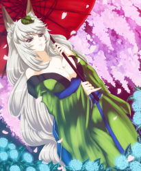 Rule 34 | 1girl, animal ears, blue eyes, breasts, cherry blossoms, cleavage, collarbone, curly hair, dutch angle, flower, fox ears, highres, japanese clothes, kimono, large breasts, leaf, leaf on head, long hair, object on head, oboro muramasa, oil-paper umbrella, pinky out, r-wade, silver hair, solo, umbrella, very long hair, yuzuruha