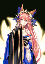 Rule 34 | 1girl, animal ear fluff, animal ears, bare shoulders, black background, blue bow, blue kimono, blush, bow, breasts, closed mouth, fate/extra, fate/grand order, fate (series), fox ears, fox girl, fox tail, hair between eyes, japanese clothes, kimono, large breasts, long hair, long sleeves, merokonbu0, multiple tails, off shoulder, official alternate costume, pink hair, simple background, smile, solo, tail, tamamo (fate), tamamo no mae (fate/extra), tamamo no mae (third ascension) (fate), very long hair, wide sleeves, yellow eyes