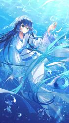 Rule 34 | 1girl, absurdres, air bubble, aqua eyes, blue hair, bubble, commentary, han&#039;eri, highres, japanese clothes, kimono, long hair, long sleeves, looking at viewer, obi, obiage, obijime, original, parted lips, sash, solo, toumin (onemunemu99), underwater, very long hair, white kimono, wide sleeves