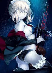 Rule 34 | 1girl, agarters, angry, artoria pendragon (all), artoria pendragon (alter swimsuit rider) (second ascension) (fate), artoria pendragon (fate), ass, bikini, black bikini, blue background, boots, braid, breasts, bridal garter, choker, coat, colored skin, covered erect nipples, fate/grand order, fate (series), from side, frown, gun, hair between eyes, high heel boots, high heels, highres, maid, maid bikini, maid headdress, outdoors, pale skin, paperfinger, rain, rifle, saber alter, sideboob, solo, swimsuit, thighhighs, unconventional maid, v-shaped eyebrows, weapon, white skin, yellow eyes
