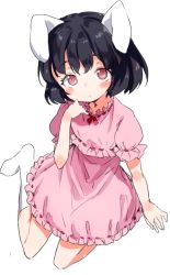 Rule 34 | 1girl, animal ears, atage, black hair, blush, dress, inaba tewi, lace, lace-trimmed skirt, lace trim, looking at viewer, pink dress, rabbit ears, red eyes, ribbon-trimmed skirt, ribbon trim, short hair, simple background, sitting, skirt, socks, solo, touhou, white background