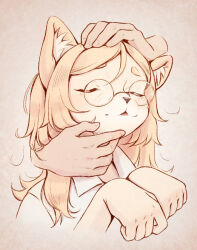 Rule 34 | 1girl, animal ear fluff, animal nose, blonde hair, blush, brown background, collared shirt, commentary, disembodied hand, furry, furry female, glasses, hand on another&#039;s head, headpat, hitoner, long hair, minty artic, parted lips, paw pose, round eyewear, shirt, solo focus, tonerico, white shirt