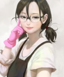 Rule 34 | 1girl, apron, black eyes, black hair, glasses, gloves, hair between eyes, lips, looking at viewer, mujiha, open mouth, original, pink gloves, short twintails, smile, solo, twintails, upper body