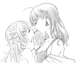 Rule 34 | 2girls, ahoge, barbell piercing, bare shoulders, bow, braid, breasts, camisole, closed eyes, ear piercing, earrings, face-to-face, food, food in mouth, french braid, from side, greyscale, hair bow, hair ornament, hand on another&#039;s cheek, hand on another&#039;s face, height difference, highres, igarashi rika, industrial piercing, jacket, jewelry, koshimizu toru, koshimizu toru (2nd costume), long hair, medium breasts, mole, mole under eye, monochrome, multiple girls, nijisanji, off shoulder, piercing, pocky, pocky in mouth, pocky kiss, shared food, spoon (tamakakama), star (symbol), star hair ornament, triangle earrings, upper body, virtual youtuber, yuri