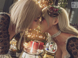 Rule 34 | 2girls, 3d, after kiss, blonde hair, breasts, christmas, cleavage, french kiss, gothic lolita, highres, kiss, large breasts, lolita fashion, long hair, multiple girls, nekotamamofu, original, realistic, saliva, saliva trail, scenery, school uniform, short hair, small breasts, tongue, tongue out, yuri