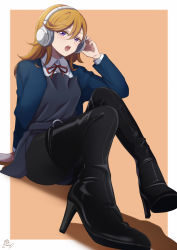 Rule 34 | 1girl, absurdres, black footwear, black pantyhose, blazer, blue jacket, boots, border, collared shirt, commentary request, commission, dress, grey dress, headphones, high heel boots, high heels, highres, jacket, long hair, looking at viewer, love live!, love live! superstar!!, medium hair, music, neck ribbon, open clothes, open jacket, open mouth, orange background, orange hair, pantyhose, pukonuu, purple eyes, red ribbon, ribbon, school uniform, shibuya kanon, shirt, signature, simple background, singing, sitting, skeb commission, solo, teeth, thigh boots, upper teeth only, white border, white shirt, yuigaoka school uniform