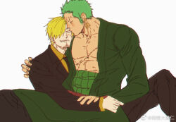 Rule 34 | 2boys, blonde hair, blush, couple, curly eyebrows, facial hair, feet out of frame, goatee, green hair, hair over one eye, happy, kiss, male focus, medium sideburns, multiple boys, one piece, pectoral cleavage, pectorals, roronoa zoro, sanji (one piece), scar, scar across eye, short hair, sideburns stubble, sitting, sitting on lap, sitting on person, spread legs, stubble, sweetdou3, yaoi