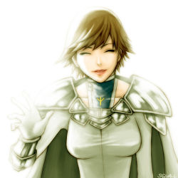 Rule 34 | 1girl, ^ ^, armor, artist request, bodysuit, brown hair, cape, clarisse (claymore), claymore (series), closed eyes, gloves, lowres, pauldrons, short hair, shoulder armor, smile, solo, spiked hair, waving