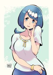 Rule 34 | 1girl, blue eyes, blue hair, blue skirt, blush, border, breasts, bright pupils, chichibu (watson), collarbone, commentary request, creatures (company), freckles, game freak, hair ornament, hand up, highres, lana&#039;s mother (pokemon), long hair, mature female, nintendo, no sclera, open mouth, outside border, pokemon, pokemon (anime), pokemon sm (anime), raised eyebrows, shirt, short sleeves, skirt, smile, solo, tongue, white border, white pupils, white shirt