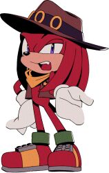 Rule 34 | 1boy, animal nose, bandana, body fur, bottomless, brown hat, brown vest, cowboy hat, digimin, fang, full body, furry, furry male, gloves, half-closed eye, hand on own hip, hat, knuckles the echidna, long hair, looking at viewer, male focus, non-web source, official art, open clothes, open mouth, open vest, purple eyes, red footwear, red fur, red hair, ring (sonic), sheriff badge, shoes, sidelocks, sideways mouth, simple background, solo, sonic (series), spiked gloves, standing, star (symbol), tail, teeth, the murder of sonic the hedgehog, tongue, transparent background, uneven eyes, vest, yellow bandana, yellow gloves