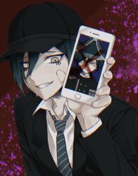 Rule 34 | 1boy, black hair, black headwear, black jacket, blood, blush, brown eyes, buttons, collared shirt, danganronpa (series), danganronpa v3: killing harmony, double-breasted, grin, hand up, holding, holding phone, iei, jacket, long sleeves, necktie, official alternate costume, phone, pink blood, red background, saihara shuichi, shirt, short hair, smile, solo, striped necktie, sweat, teeth, waldo (0lzreal bot), white shirt